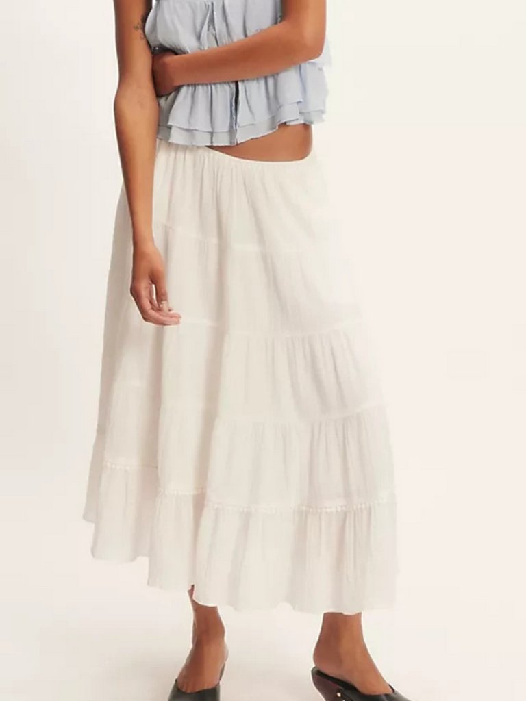 Free People Bright Side Midi Skirt High-Rise Tiered Pullover Tofu L